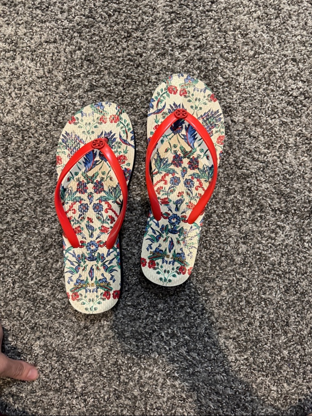 Tory Burch Floral Print Flip Flops with Red Straps